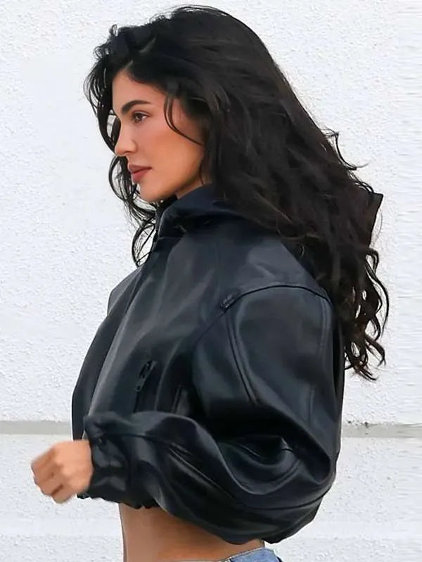 L.A Kylie Jenner Black Cropped Leather Jacket Superstar Jacket