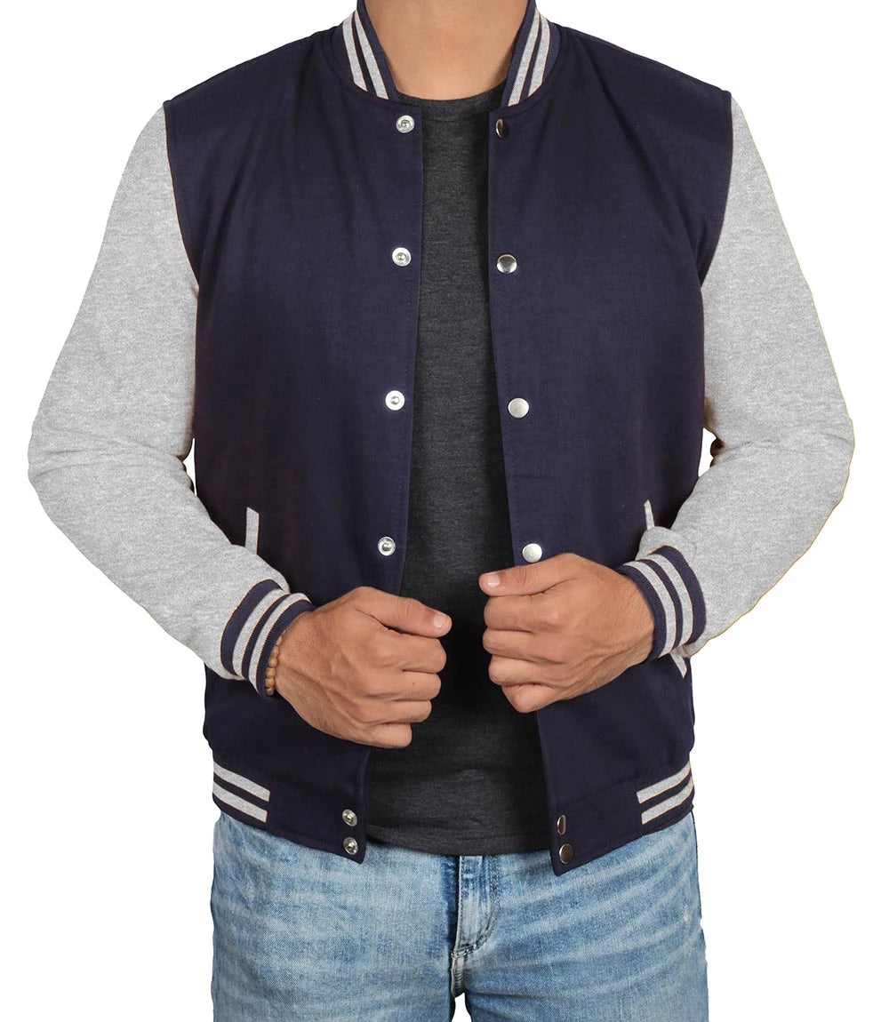 Men's Grey and Blue Varsity Jacket - Bomber Letterman Style Super Star Jacket