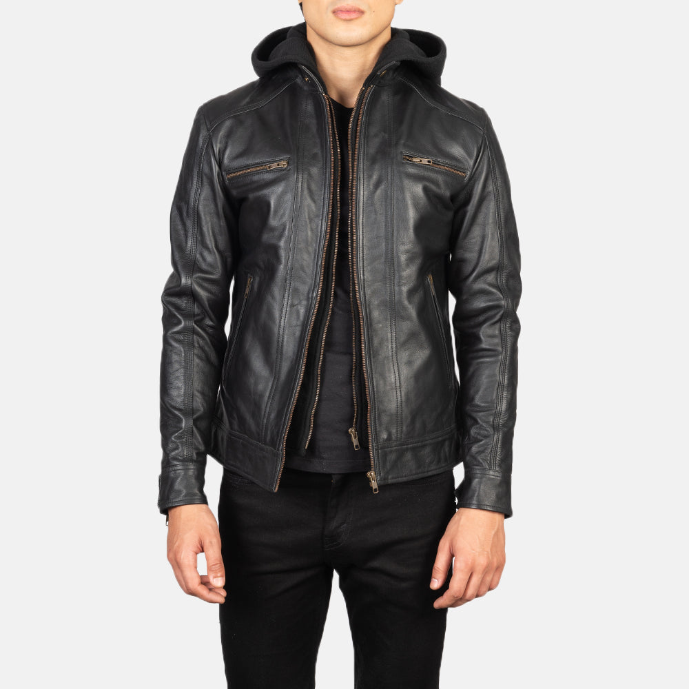 Hector Black Hooded Leather Biker Jacket Super Star Jacket