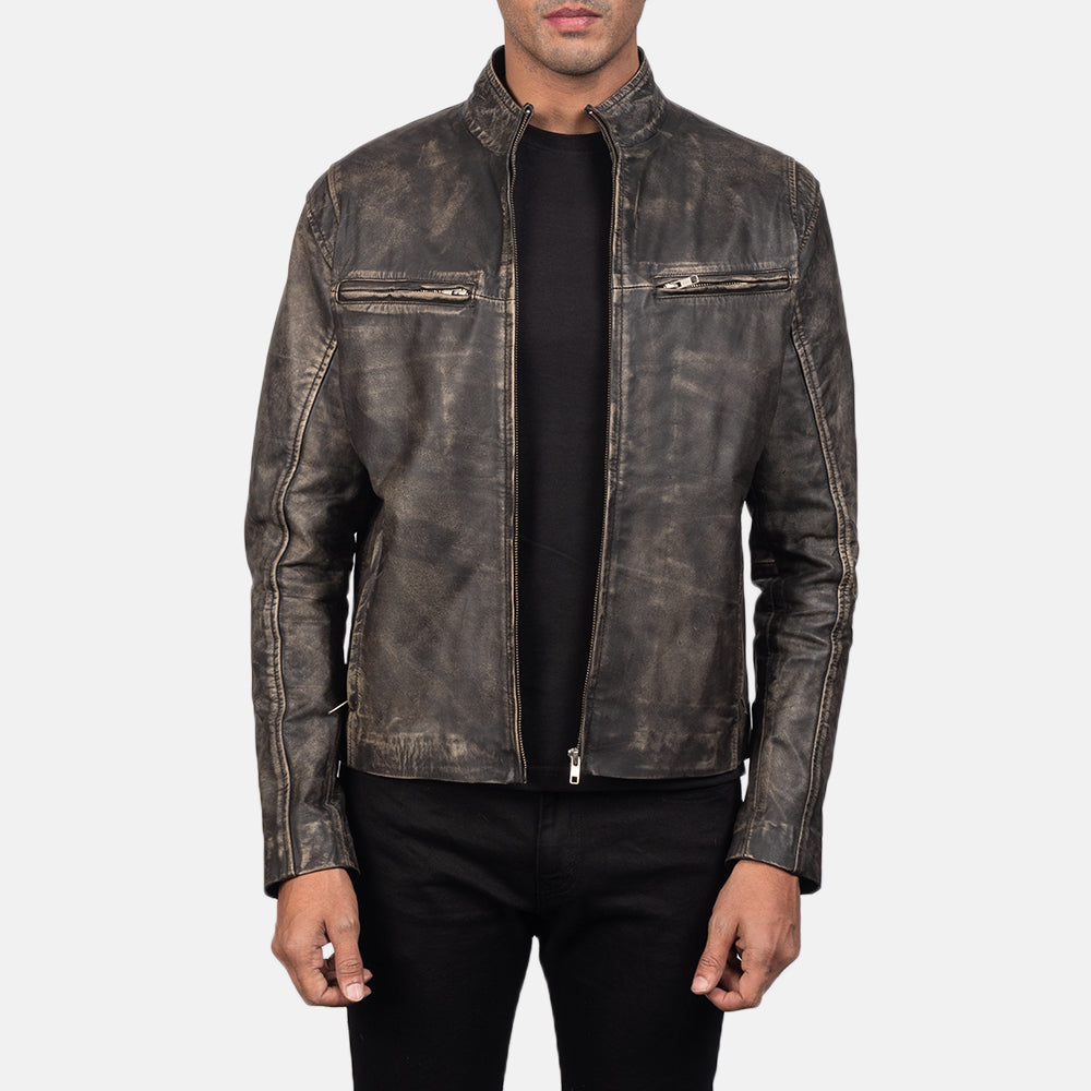 Ionic Distressed Brown Leather Biker Jacket Super Star Jacket