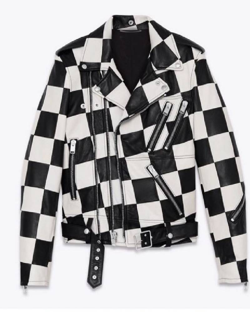 Men’s Motorcycle Checkerboard Leather Jacket Super Star Jacket