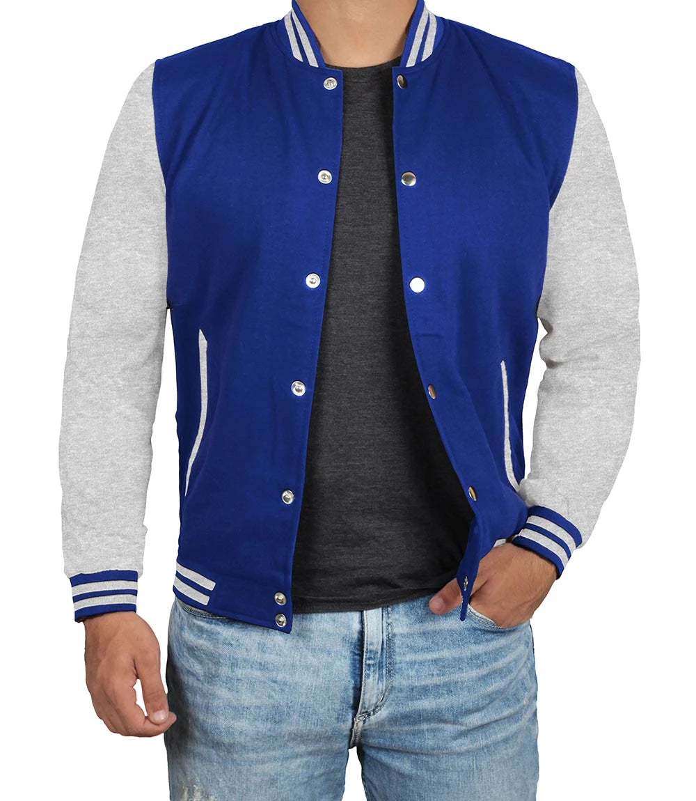 Men's Grey and Royal Blue Varsity Jacket - Letterman Style Super Star Jacket