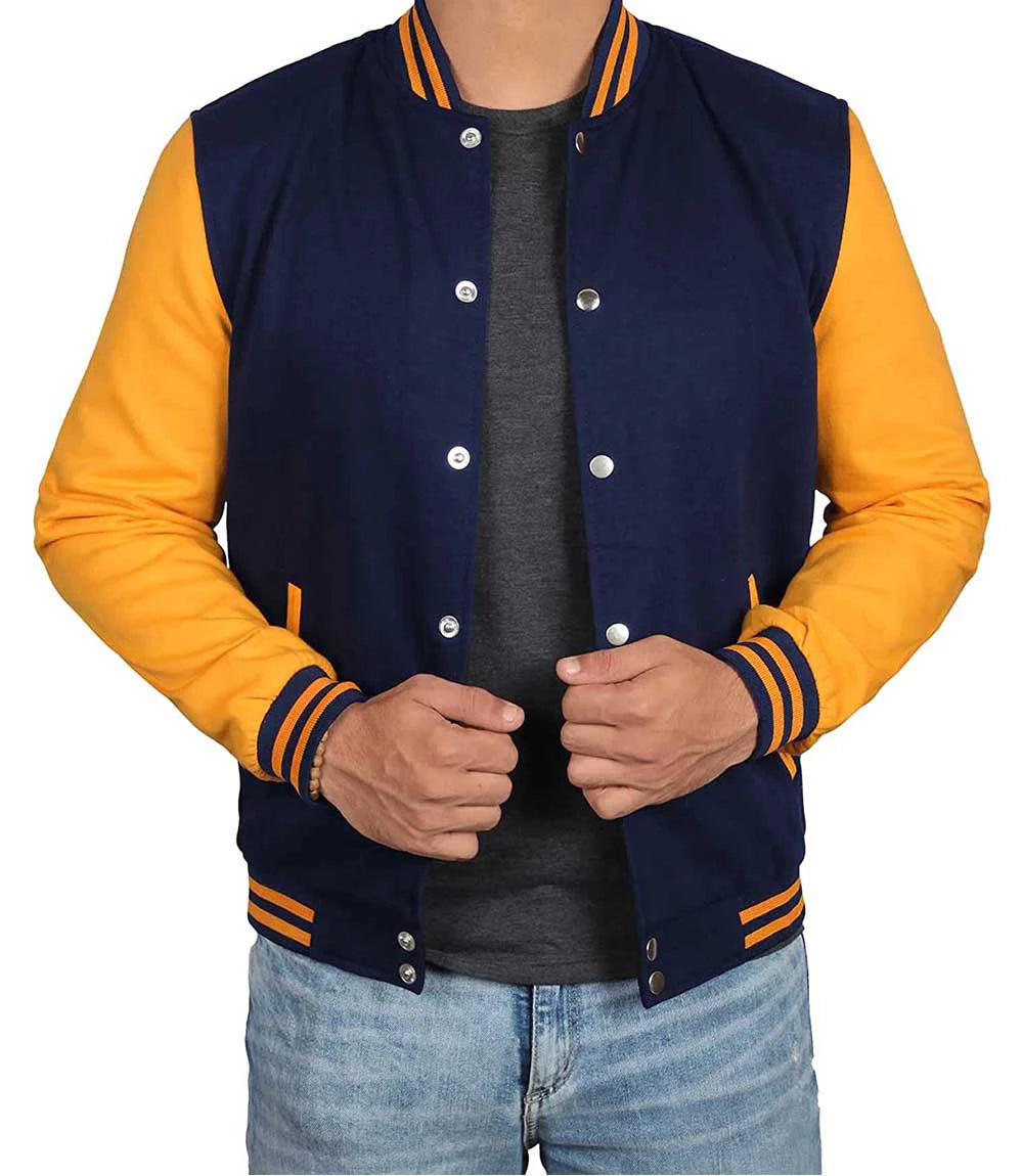 Men's Navy Blue and Yellow Varsity Jacket | Baseball Letterman Super Star Jacket