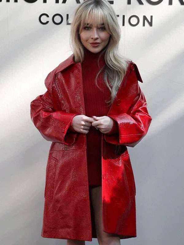 Sabrina Carpenter NYFW Red Leather Coat Superstar Jacket