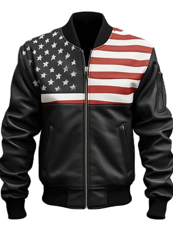 US Flag Unisex Black Bomber Leather Jacket Super Star Jacket