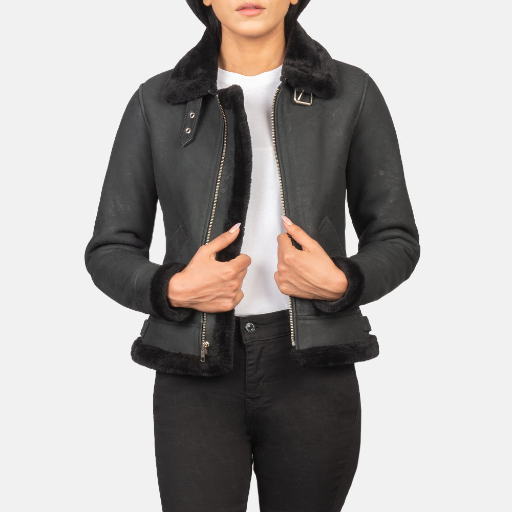 Sherilyn B-3 Distressed Black Leather Bomber Jacket Super Star Jacket