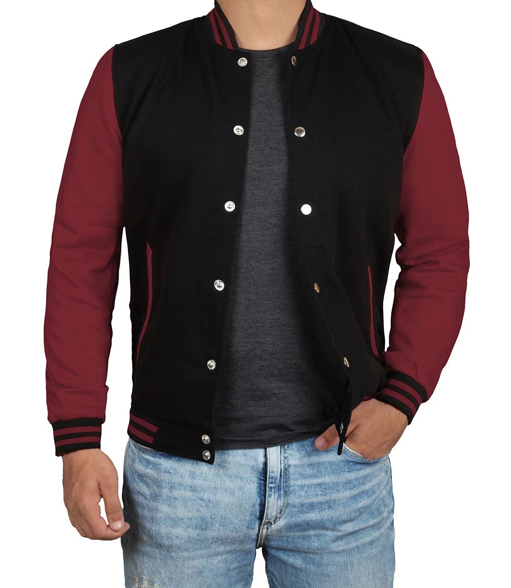 Men's Black & Maroon Varsity Jacket - Bomber Letterman Style Super Star Jacket