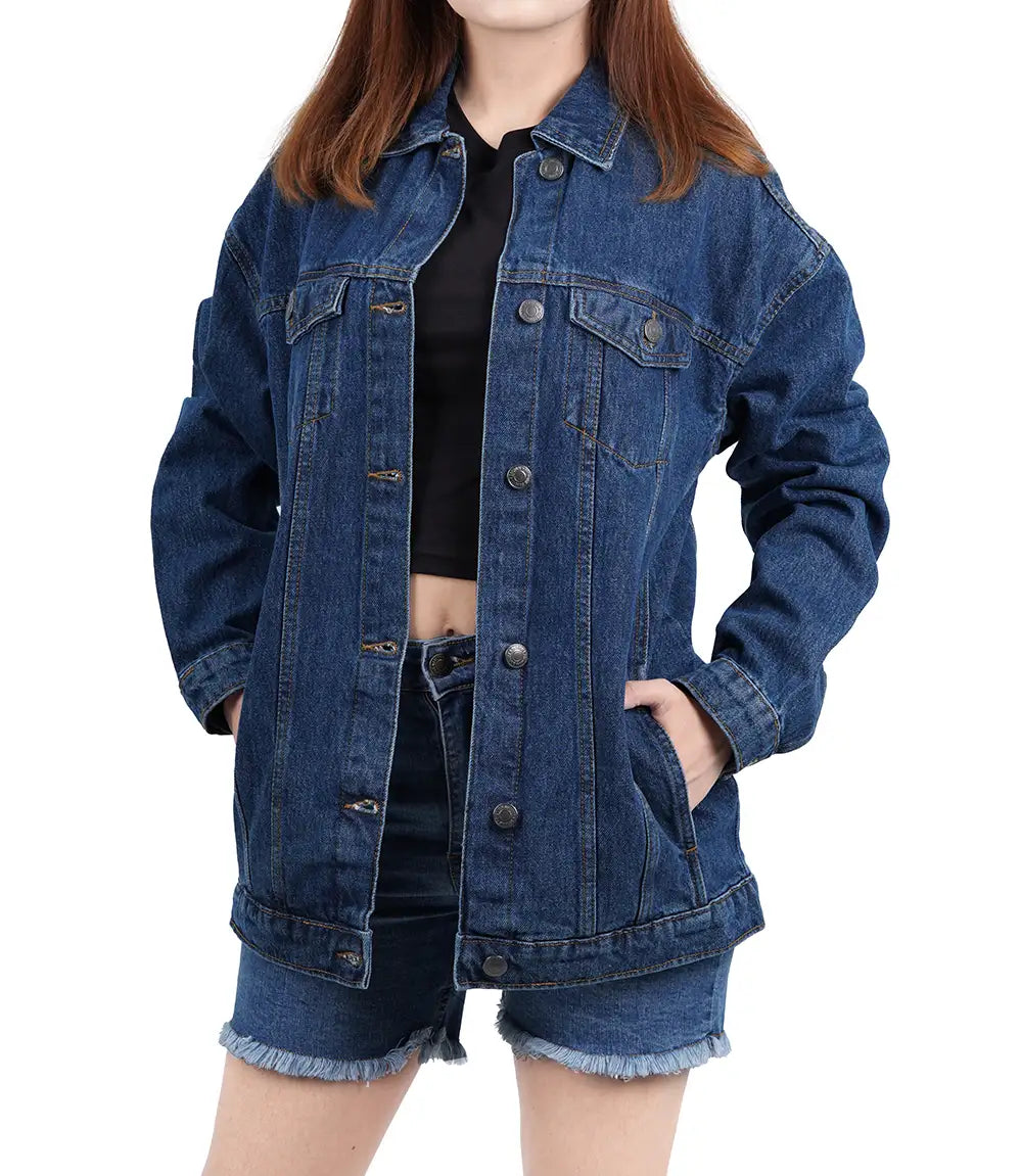 Women's Mid Blue Oversized Denim Jacket Super Star Jacket