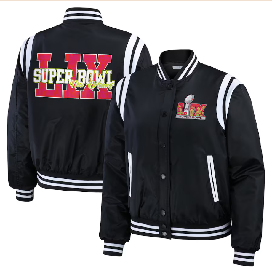Super Bowl LIX WEAR by Erin Andrews Women’s Varsity Bomber Jacket – Black Super Star Jacket