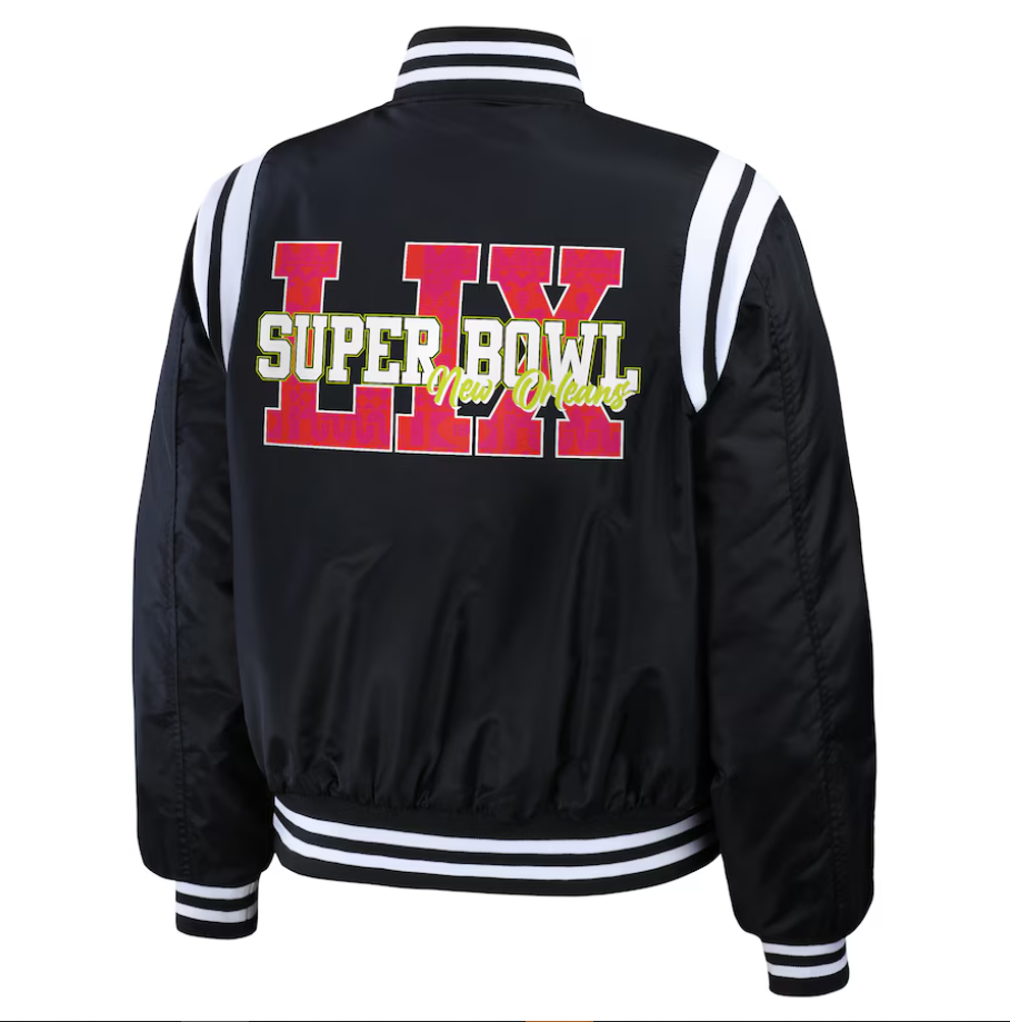Super Bowl LIX WEAR by Erin Andrews Women’s Varsity Bomber Jacket – Black Super Star Jacket