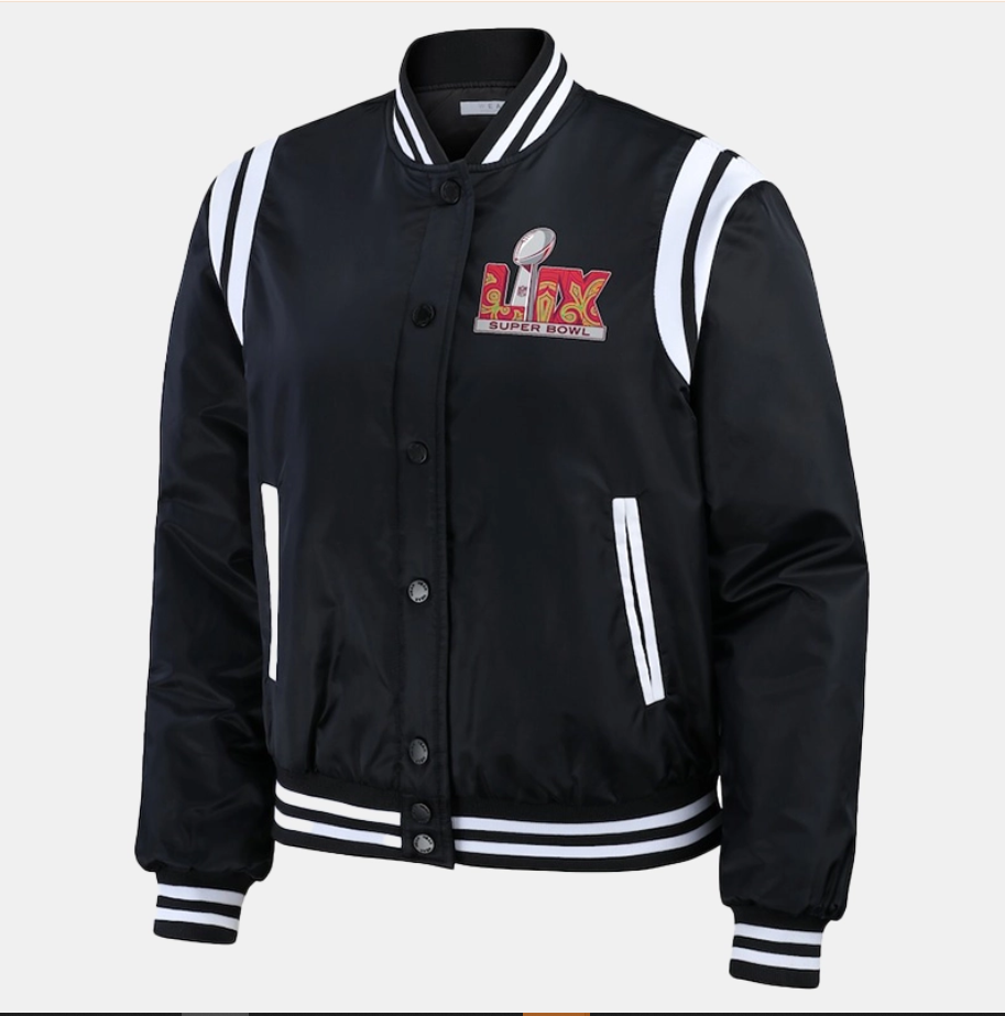 Super Bowl LIX WEAR by Erin Andrews Women’s Varsity Bomber Jacket – Black Super Star Jacket