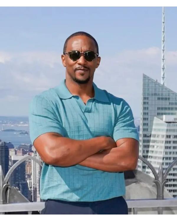 Anthony Mackie Twisted Metal S02 Photo Call Blue Polo Shirt