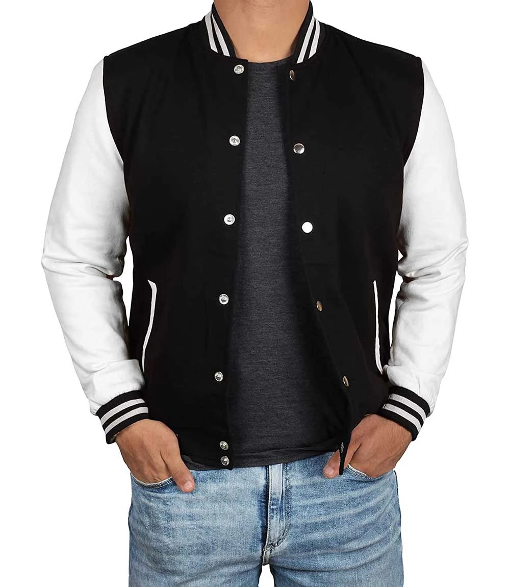 Men's Black and White Varsity Jacket - College Baseball Style Super Star Jacket