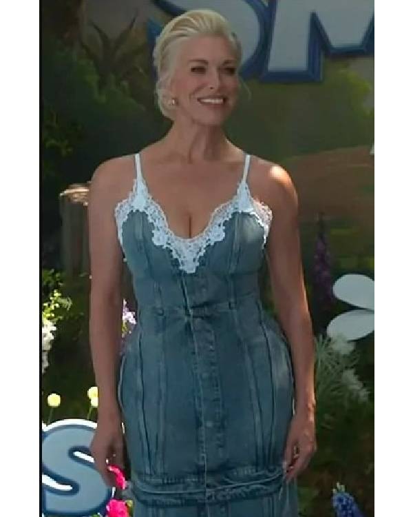 E! News Hannah Waddingham Denim Trim Dress Superstar Jacket