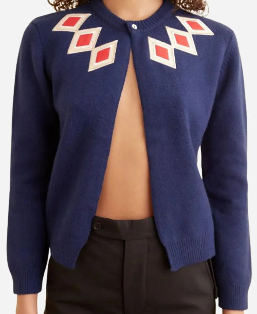 Materialists 2025 Dakota Johnson Blue Argyle Cardigan