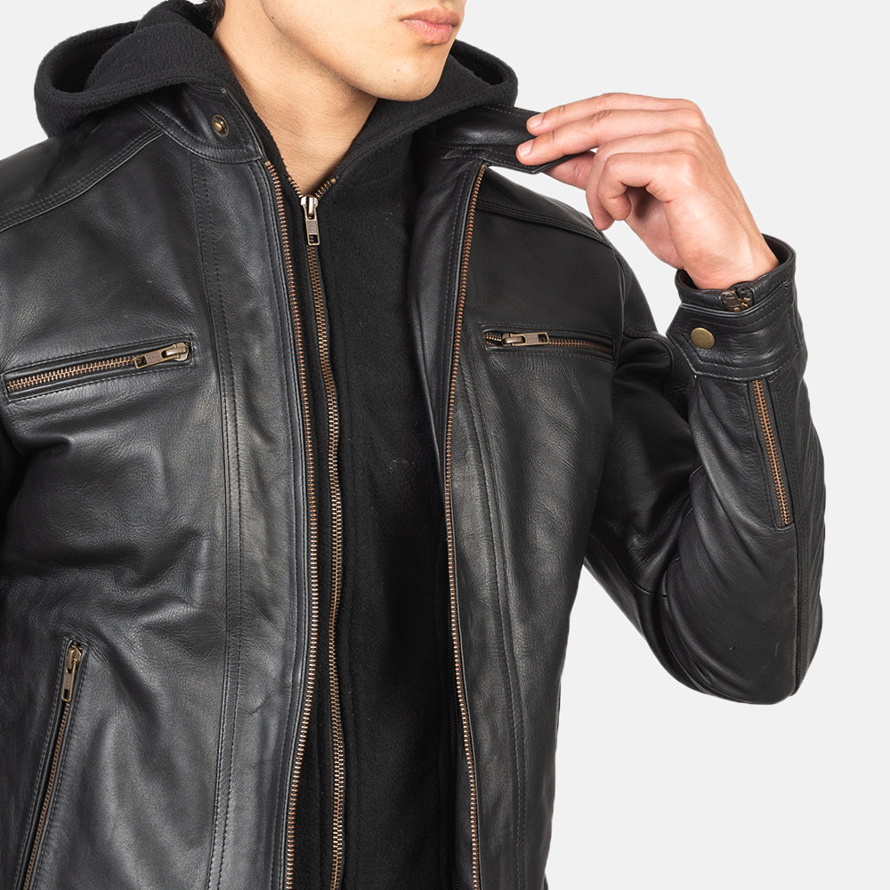 Hector Black Hooded Leather Biker Jacket Super Star Jacket