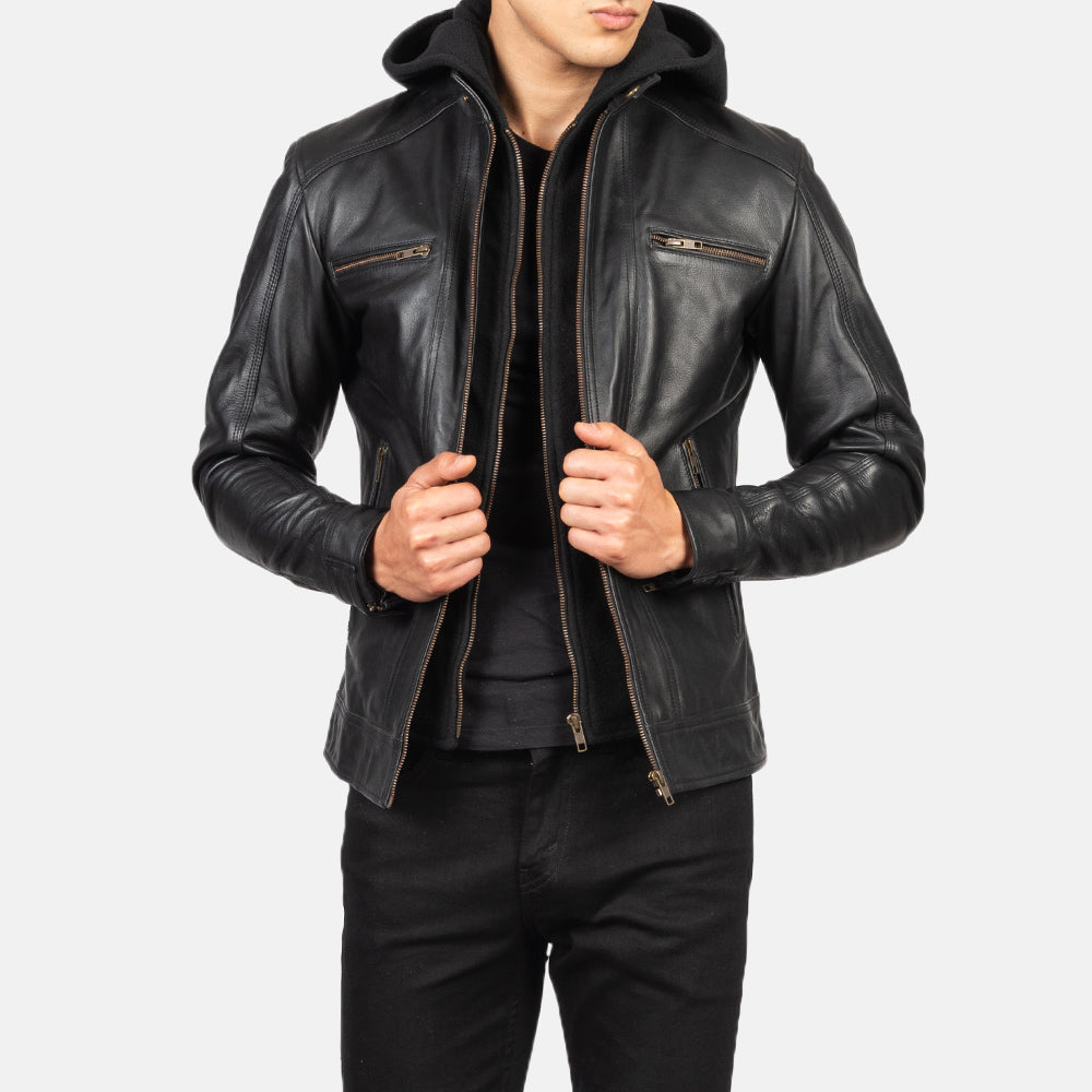 Hector Black Hooded Leather Biker Jacket Super Star Jacket