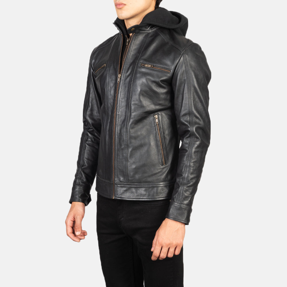 Hector Black Hooded Leather Biker Jacket Super Star Jacket