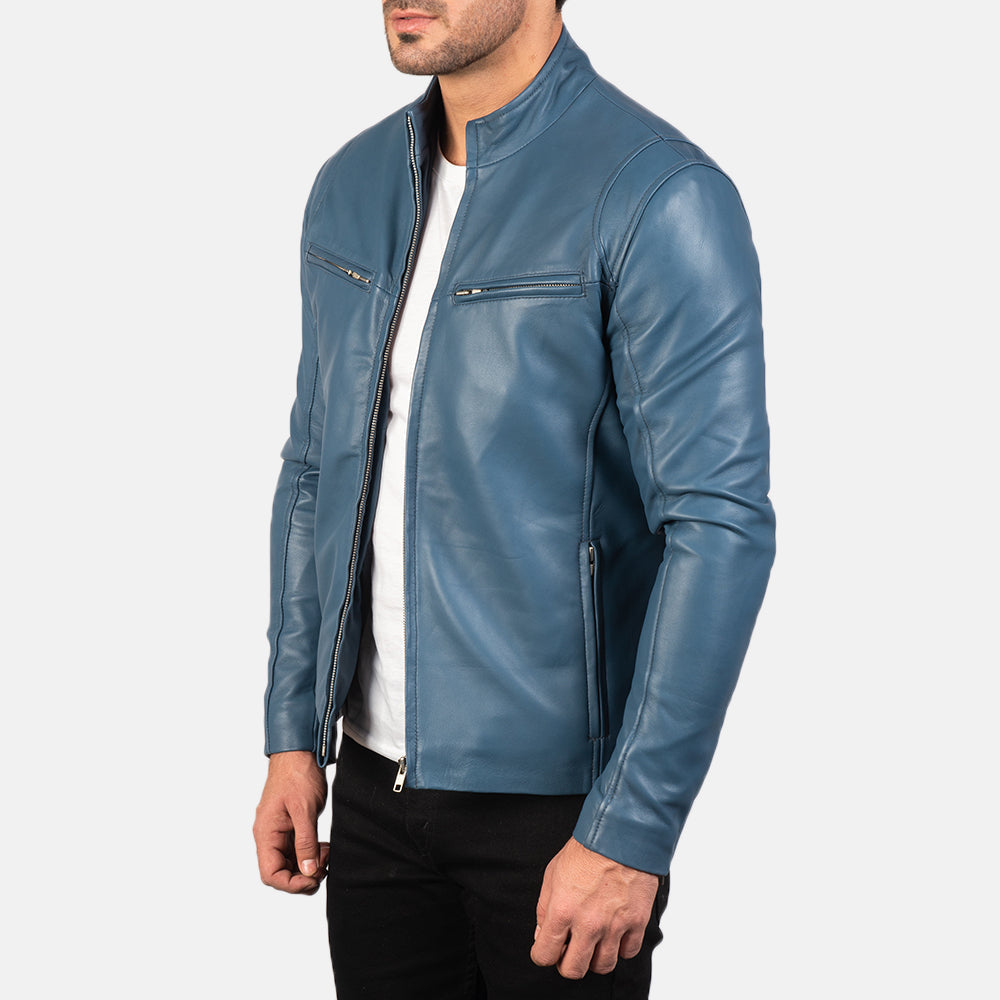 Ionic Blue Leather Biker Jacket Super Star Jacket