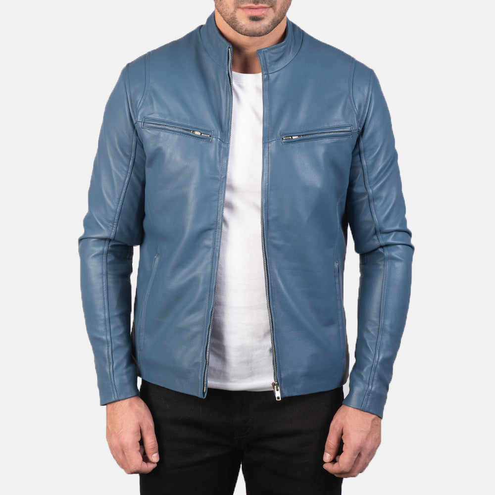 Ionic Blue Leather Biker Jacket Super Star Jacket
