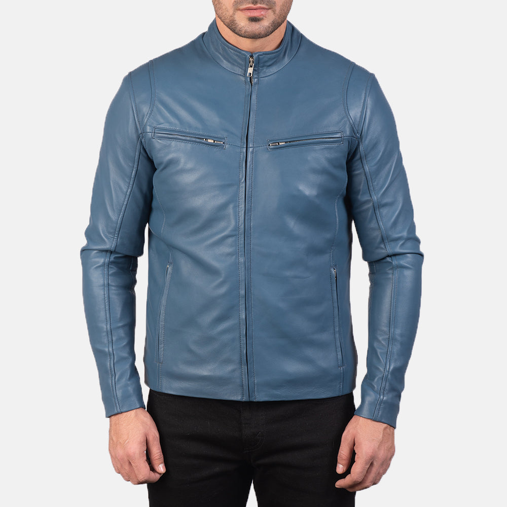 Ionic Blue Leather Biker Jacket Super Star Jacket