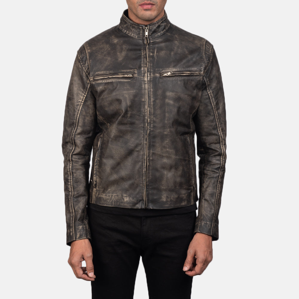 Ionic Distressed Brown Leather Biker Jacket Super Star Jacket