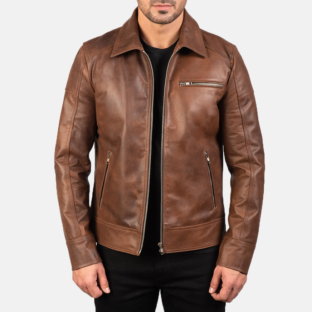 Lavendard Brown Leather Biker Jacket Super Star Jacket