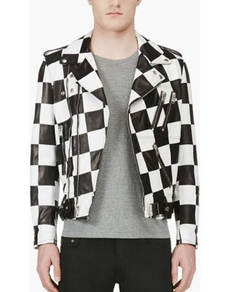Men’s Motorcycle Checkerboard Leather Jacket Super Star Jacket