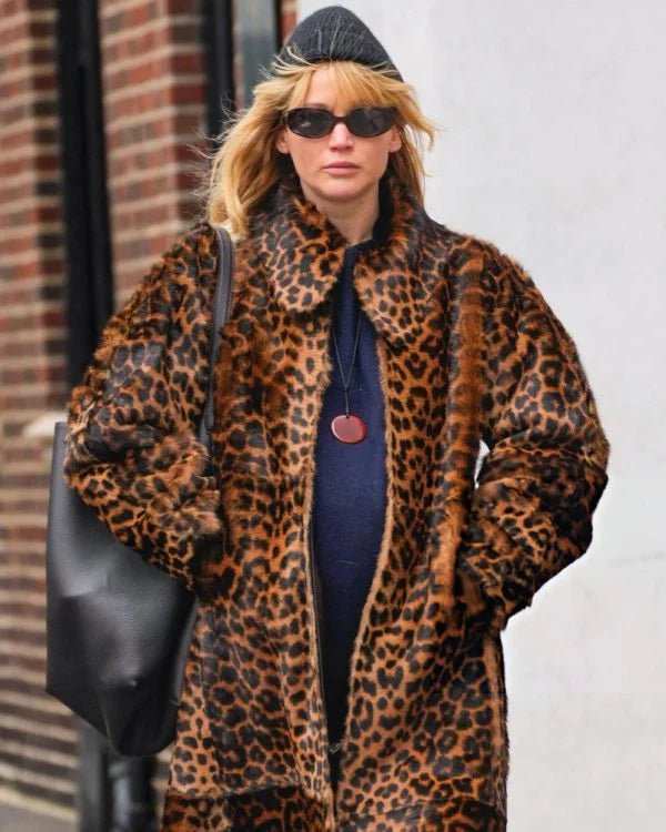 Jennifer Lawrence NYC 2025 Leopard Print Fur Coat Super Star Jacket