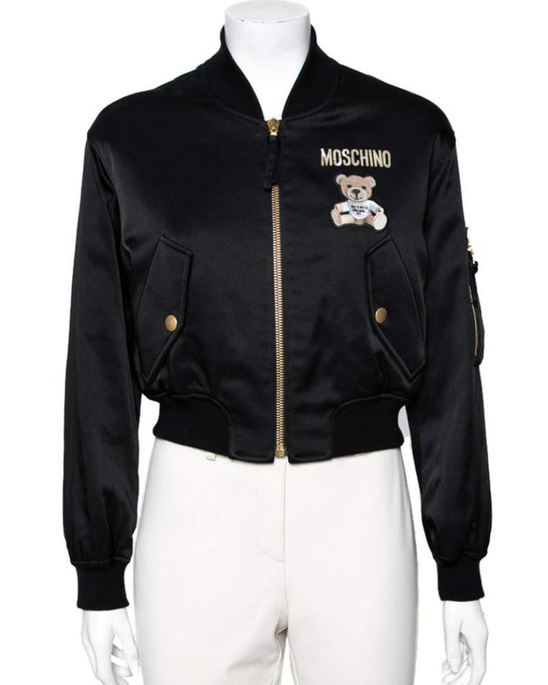 Moschino Couture Black Teddy Print Synthetic Cropped Bomber Jacket Super Star Jacket