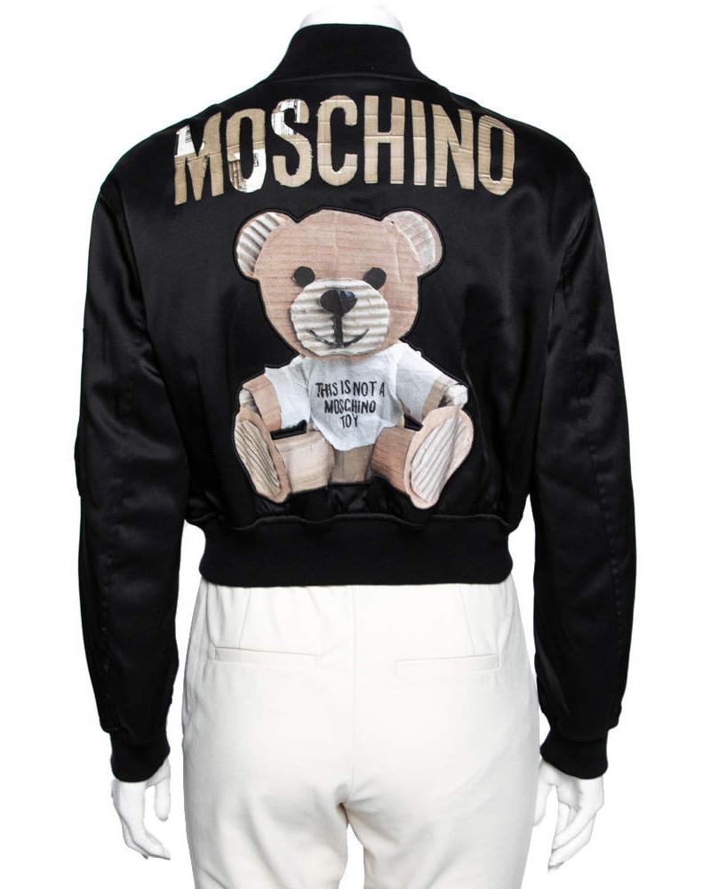Moschino Couture Black Teddy Print Synthetic Cropped Bomber Jacket Super Star Jacket