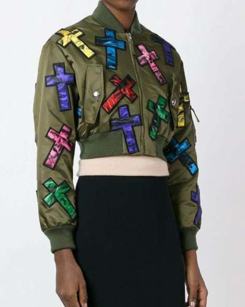 Moschino Couture Jeremy Scott Allover Colorful Cross Patch Cropped Bomber Jacket Super Star Jacket