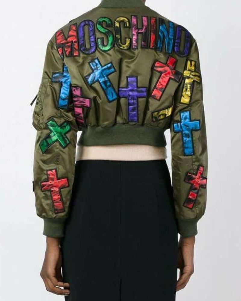 Moschino Couture Jeremy Scott Allover Colorful Cross Patch Cropped Bomber Jacket Super Star Jacket