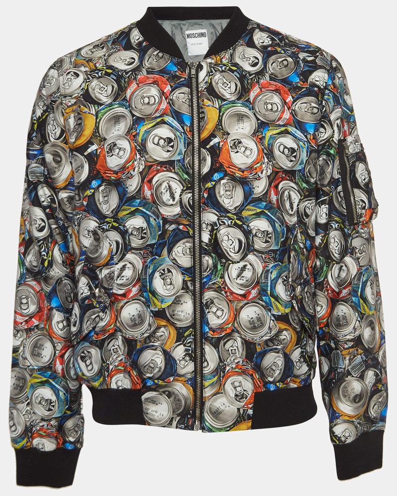 Moschino Couture Multicolor Beverage Cans Print Nylon Bomber Jacket Super Star Jacket