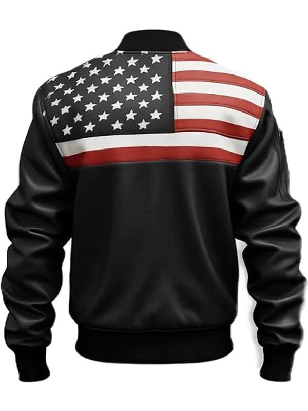 US Flag Unisex Black Bomber Leather Jacket Super Star Jacket