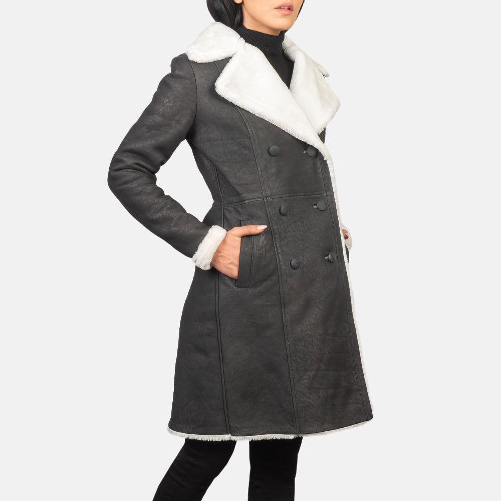 Amie Black Double Breasted Shearling Coat Super Star Jacket