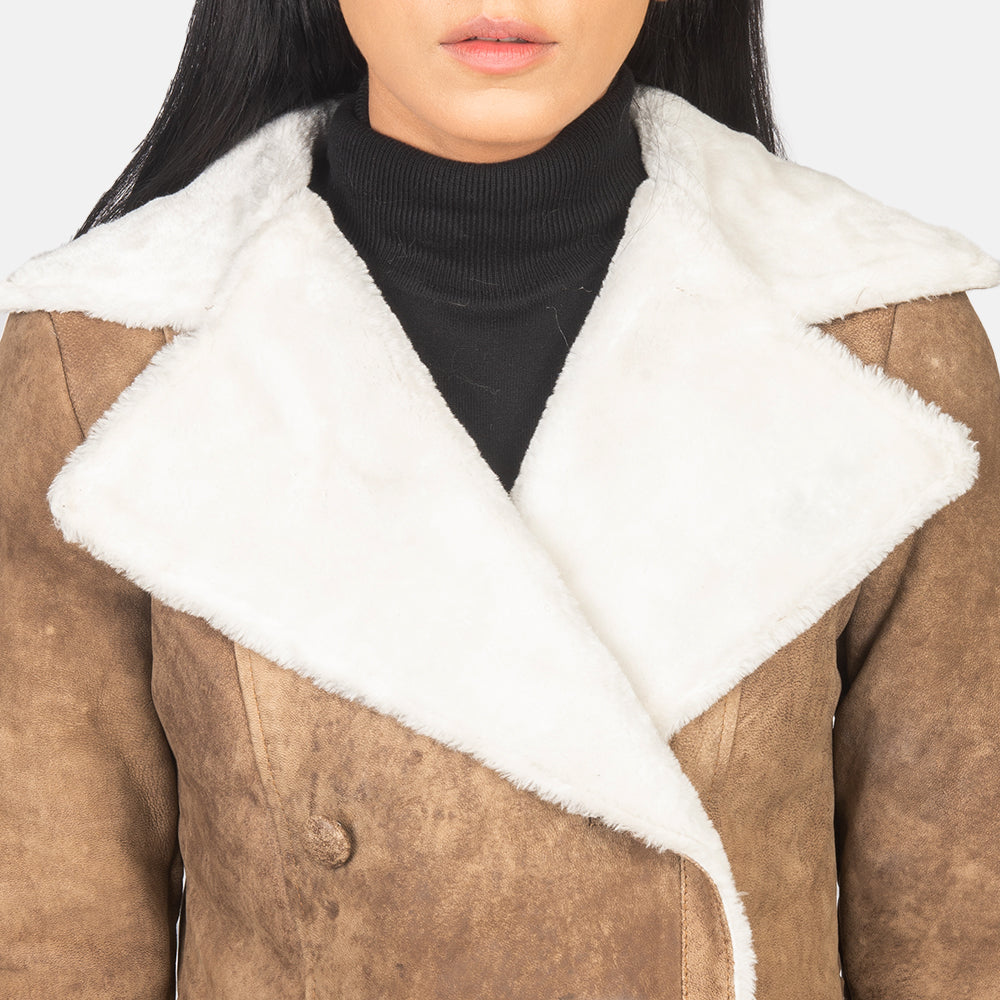 Amie Distressed Brown Double Breasted Shearling Coat Super Star Jacket