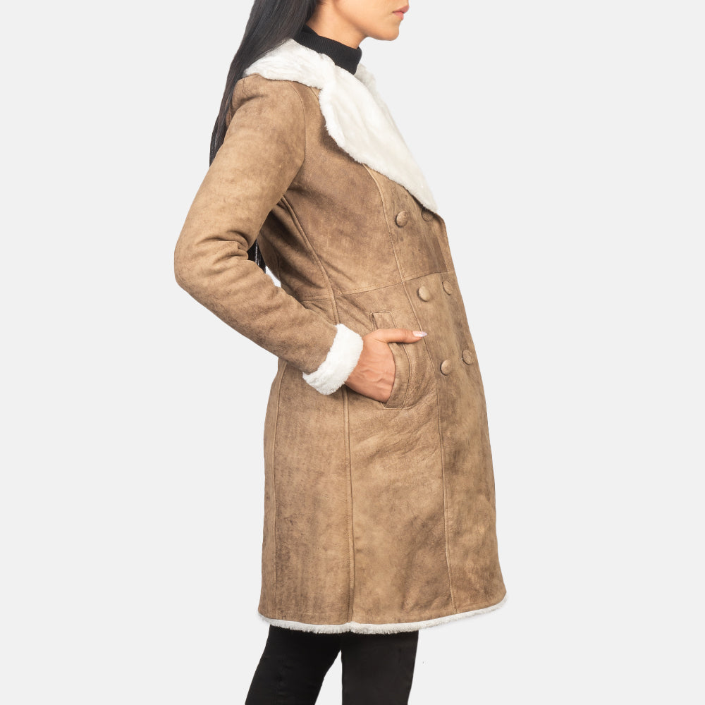 Amie Distressed Brown Double Breasted Shearling Coat Super Star Jacket