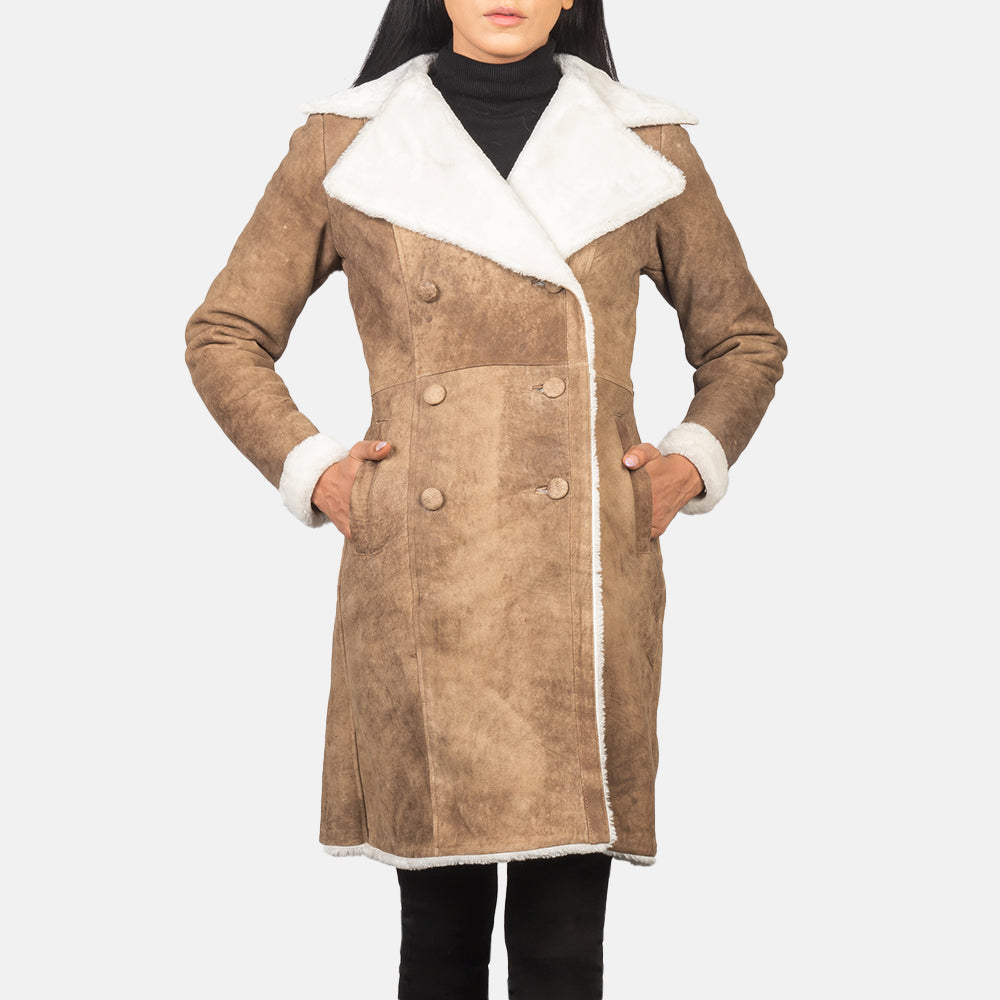 Amie Distressed Brown Double Breasted Shearling Coat Super Star Jacket