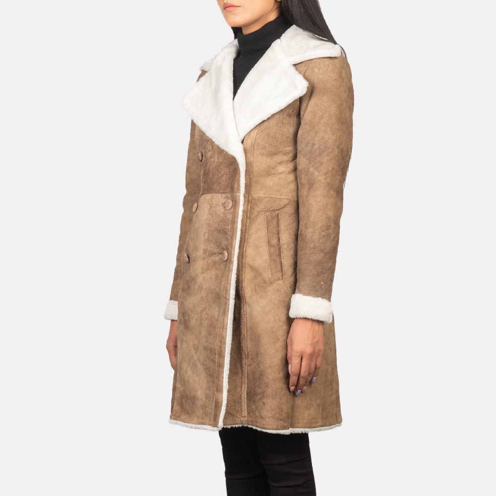 Amie Distressed Brown Double Breasted Shearling Coat Super Star Jacket