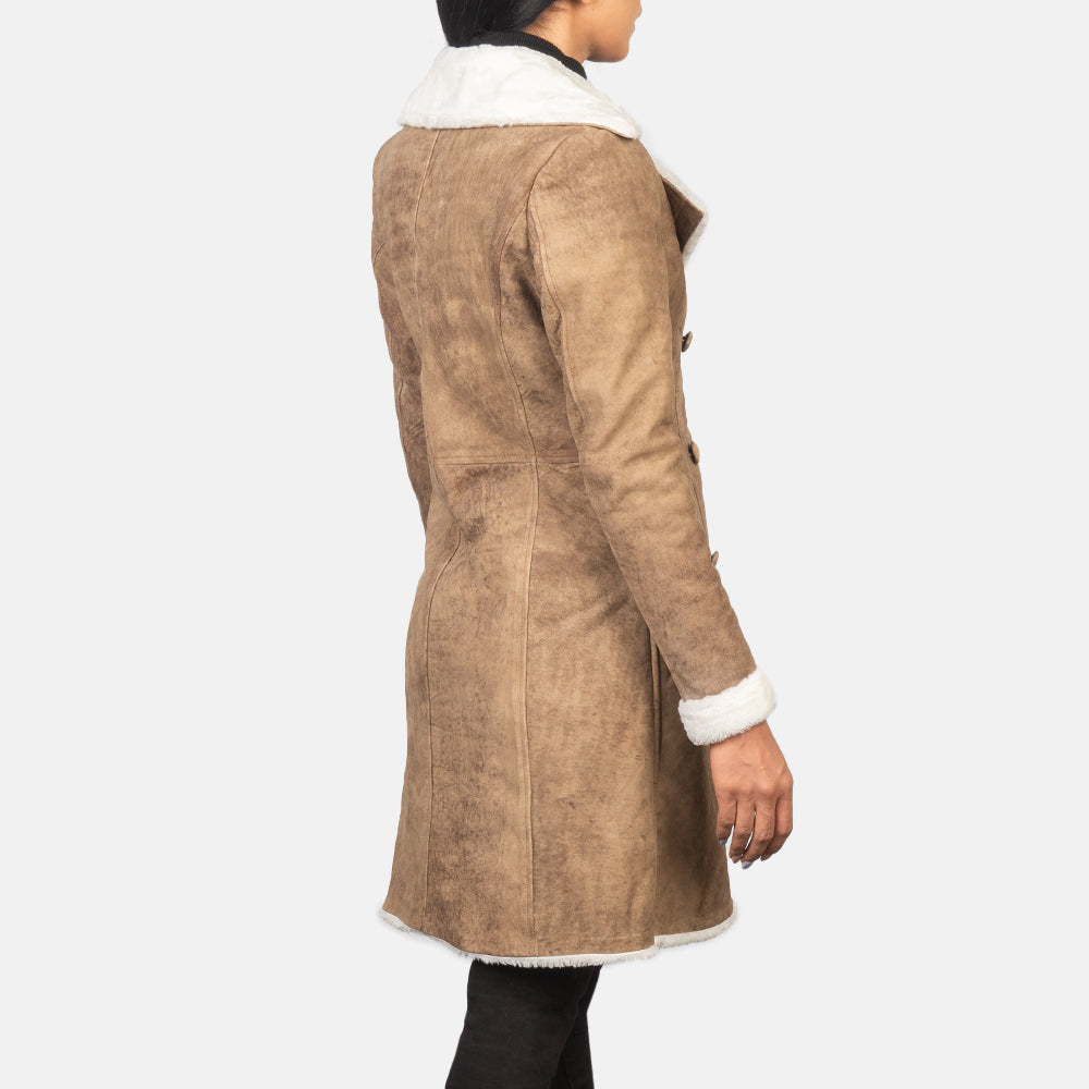 Amie Distressed Brown Double Breasted Shearling Coat Super Star Jacket