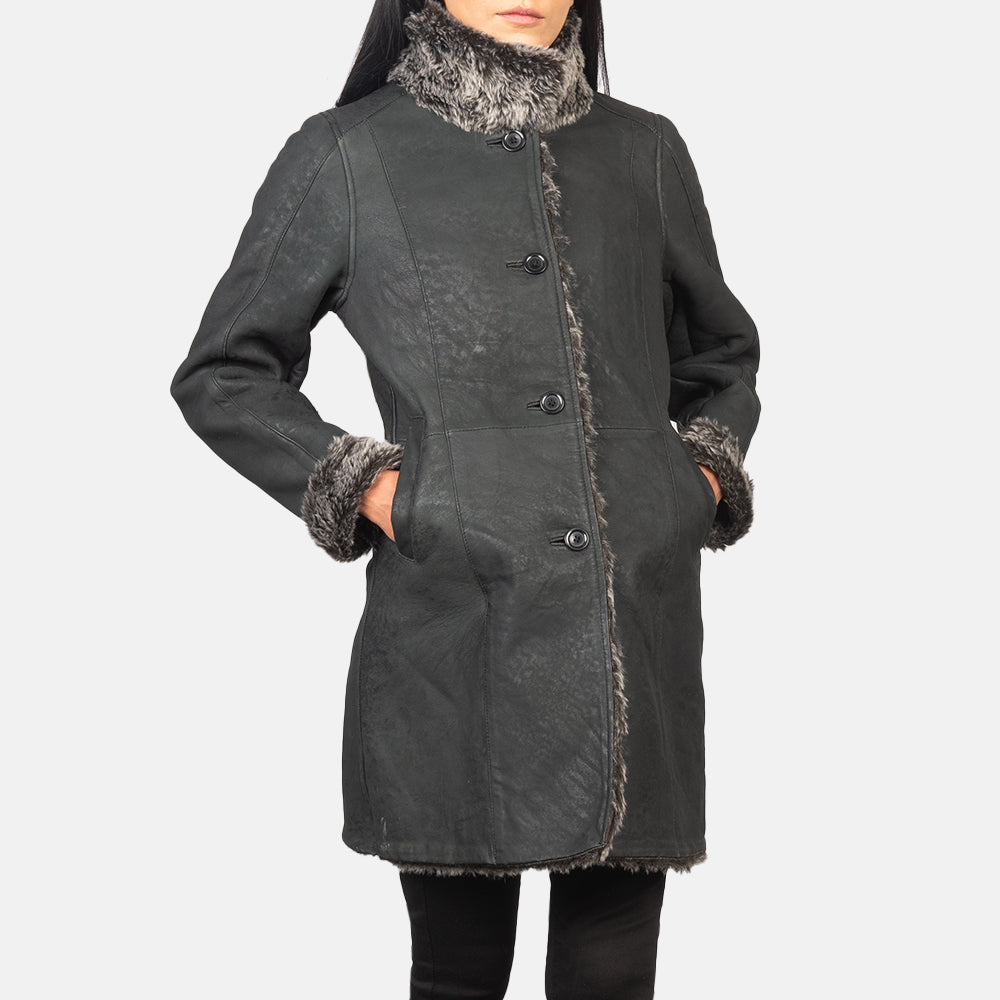 Erica Shearling Black Leather Coat Super Star Jacket