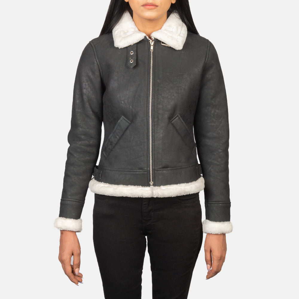 Sherilyn B-3 Black & White Leather Bomber Jacket Super Star Jacket