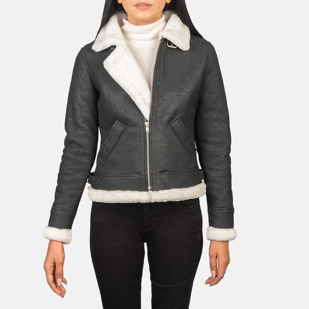 Sherilyn B-3 Black & White Leather Bomber Jacket Super Star Jacket