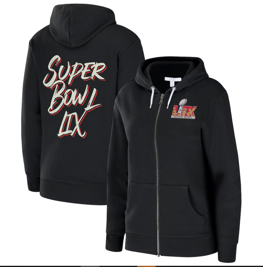 Women’s WEAR by Erin Andrews Black Super Bowl LIX Fleece Full-Zip Hoodie Super Star Jacket