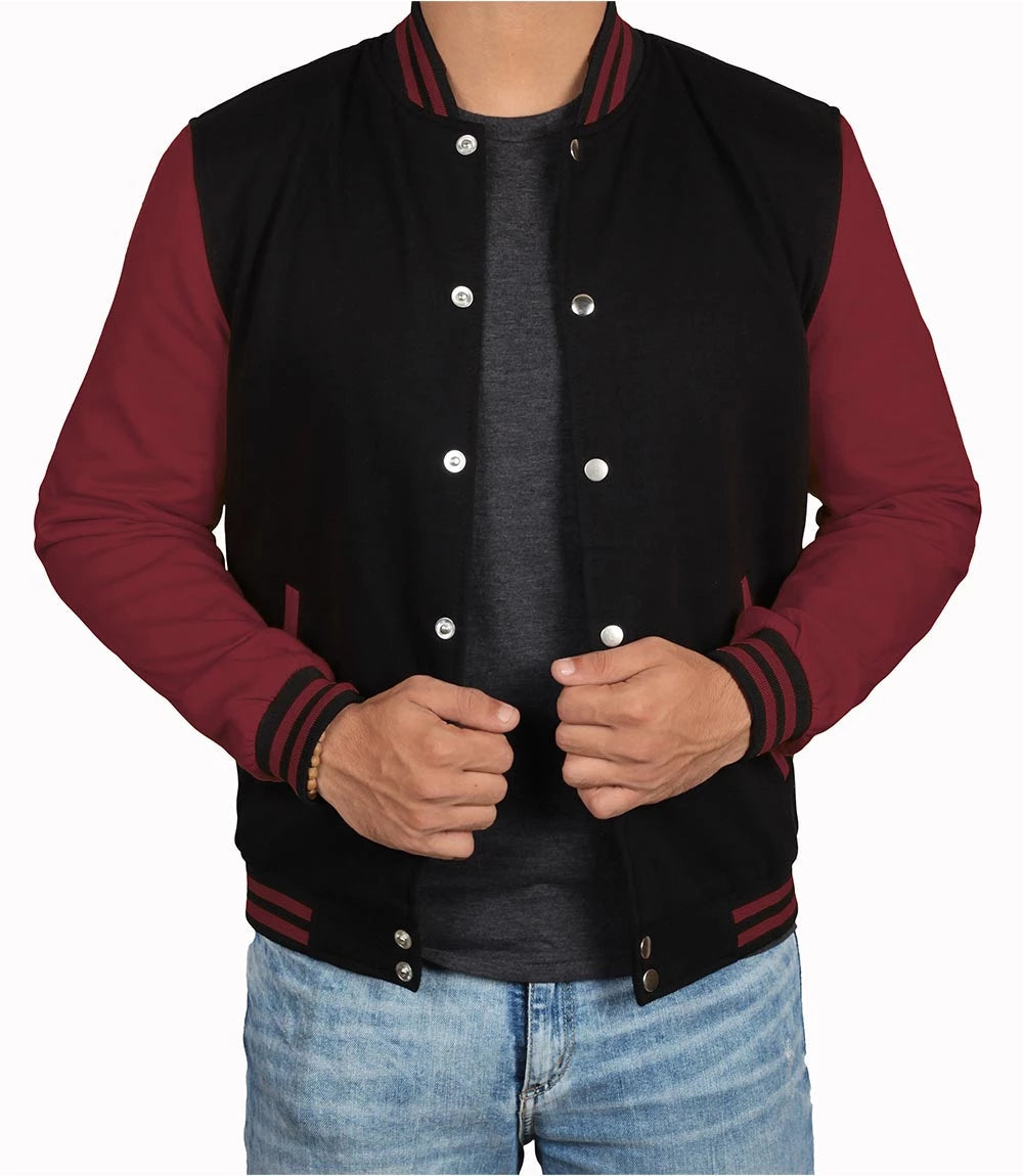 Men's Black & Maroon Varsity Jacket - Bomber Letterman Style Super Star Jacket