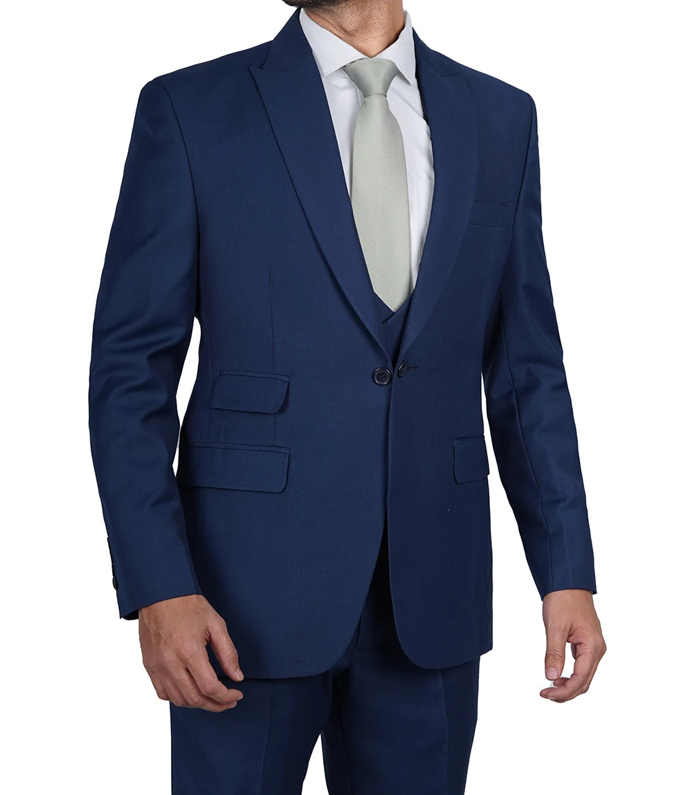 Vollmer Men's Blue Peak Lapel Three Piece Suit Super Star Jacket