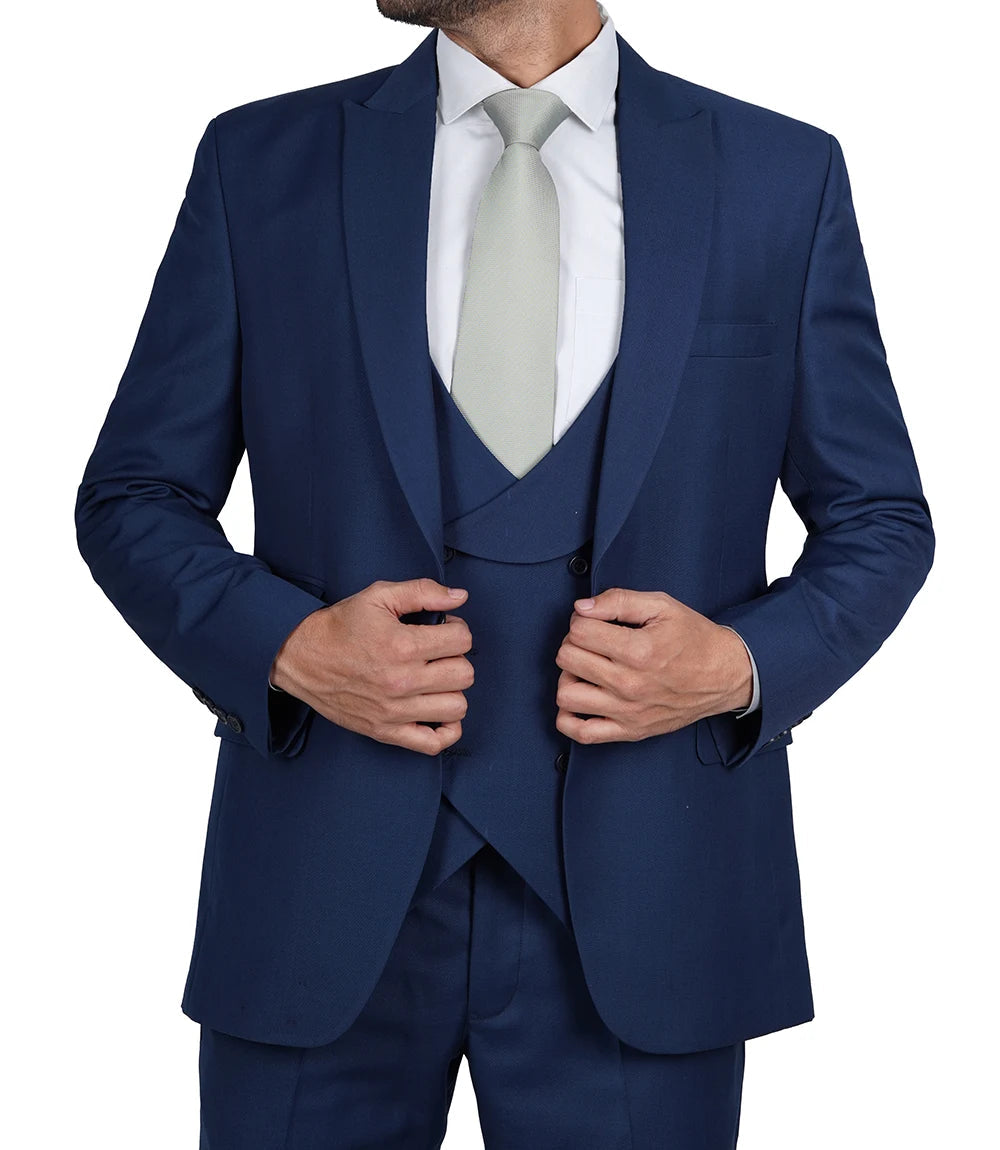 Vollmer Men's Blue Peak Lapel Three Piece Suit Super Star Jacket