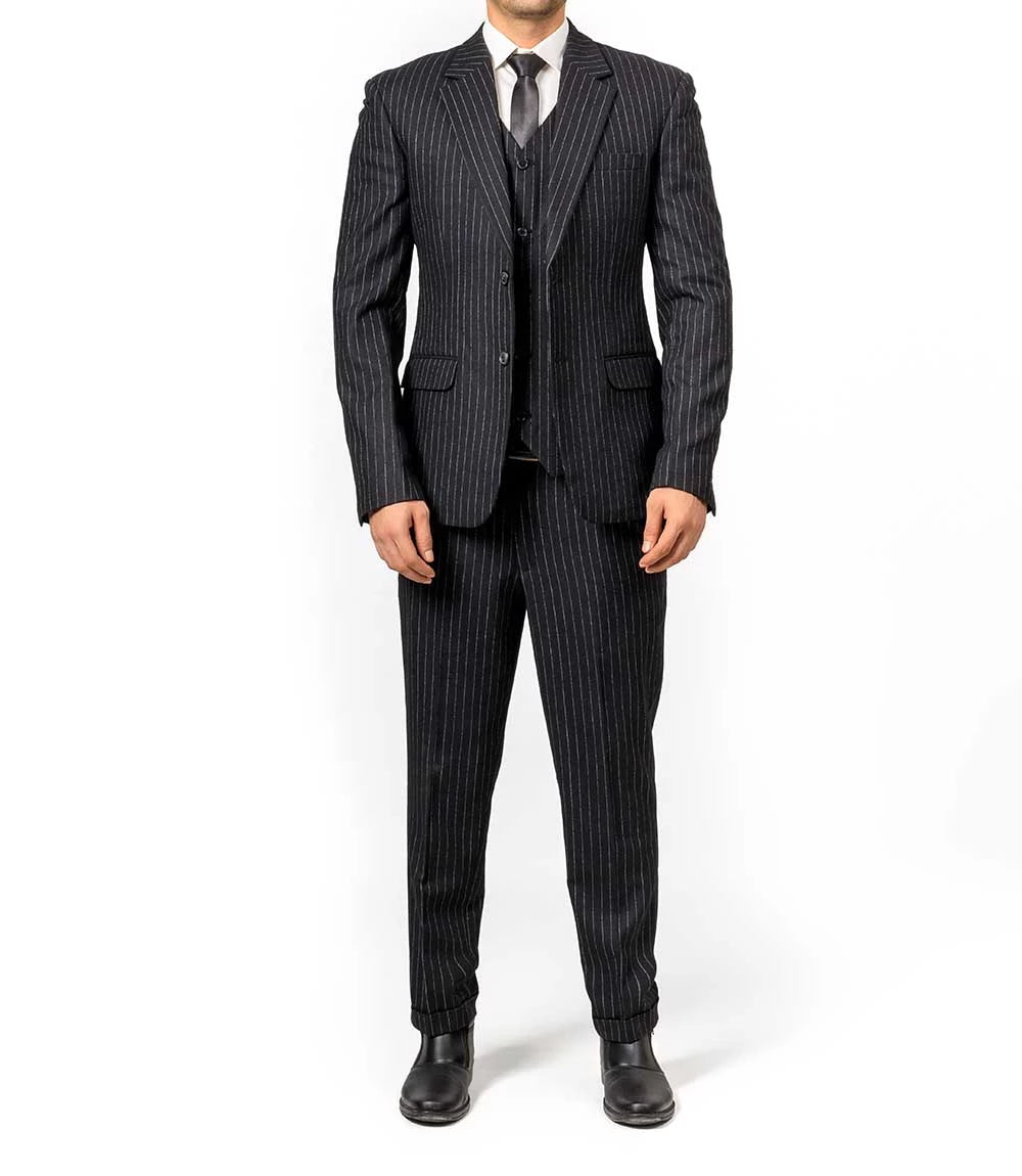 Men's Black Pinstripe 3-Piece Suit – Thomas Peaky Style Formal Outfit Super Star Jacket