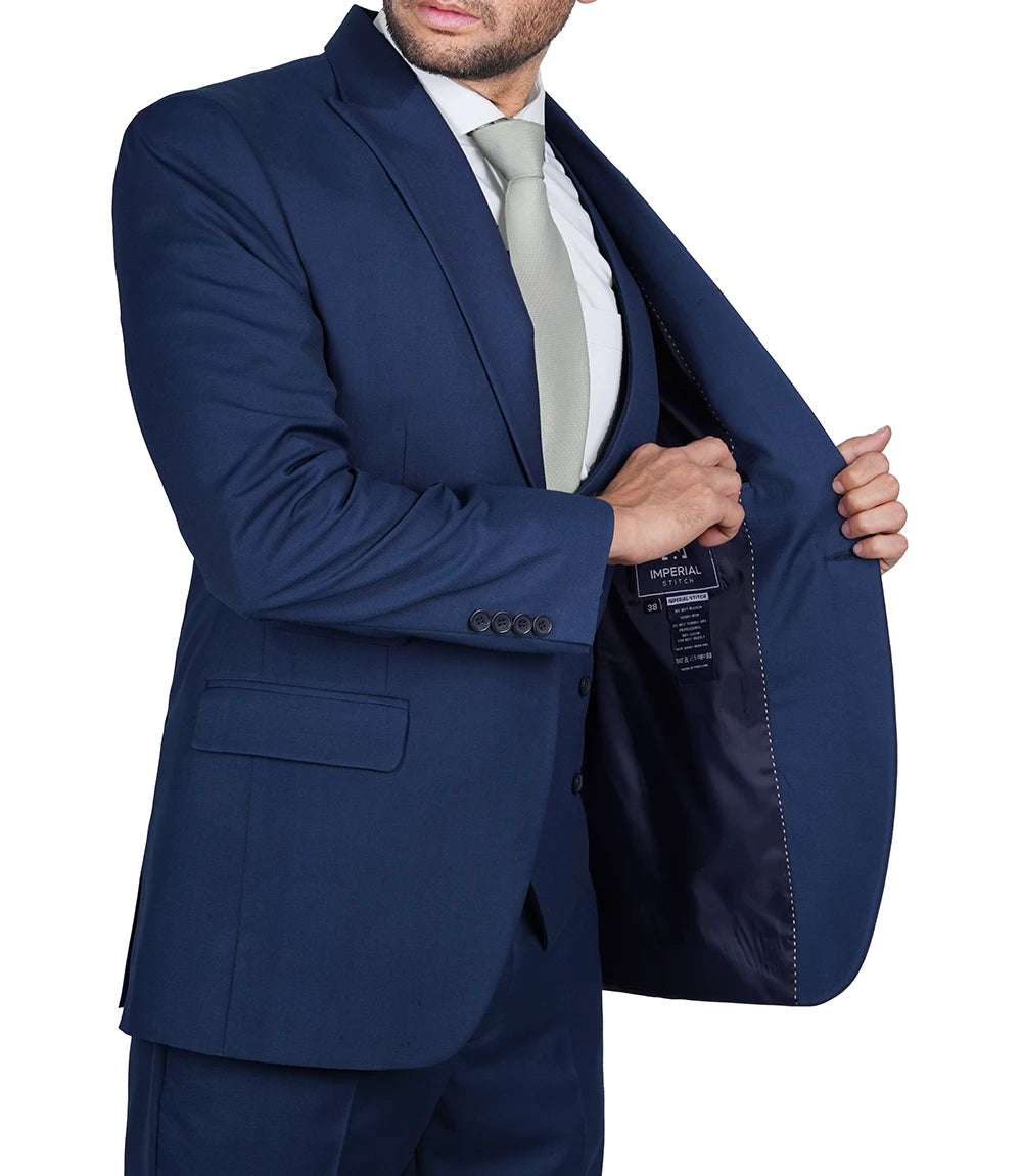 Vollmer Men's Blue Peak Lapel Three Piece Suit Super Star Jacket